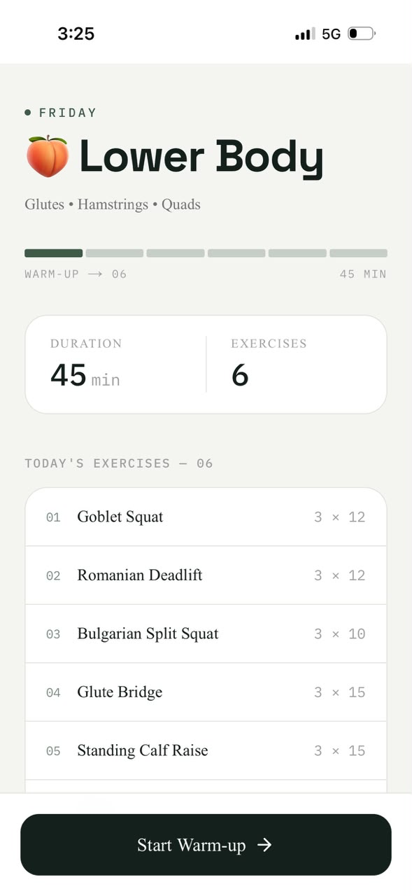 Lower body workout overview screen